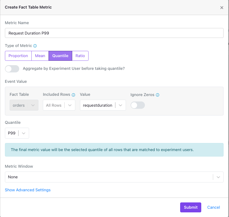 User interface for quantile metrics